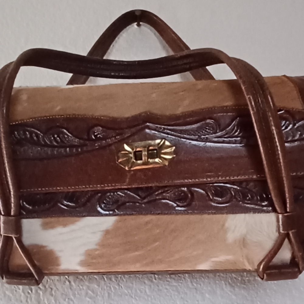Vintage Tooled Leather Western Cowhide Purse Handbag